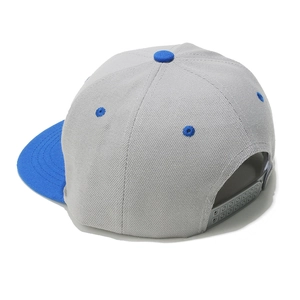 Detail of adjustable snapback closure on gray and blue athletic hip-hop flat brim hat