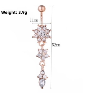 Detailed view of rose gold flower teardrop belly ring, weight 3.9g and length 52mm