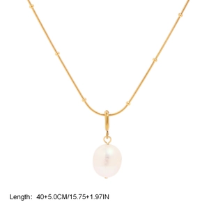 Detail of 18K gold plated pearl necklace showing 40+5cm length measurements