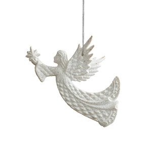 White glitter angel wing ornament holding a star for Christmas tree decoration