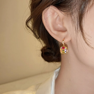 18k gold plated square drop earrings with colorful zircon stones on female model