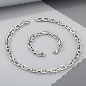 Polished silver titanium steel square link necklace and bracelet set with lobster clasp