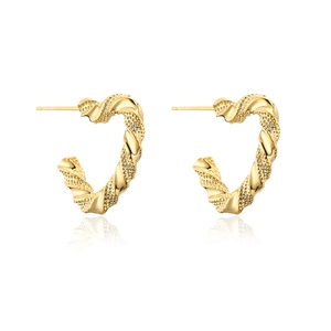 Golden heart-shaped C-style earrings with twisted rope texture in 18K gold plating