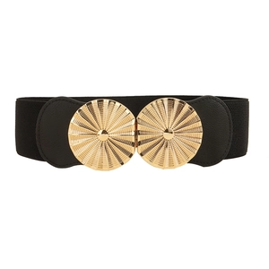Women's wide elastic waist belt in black with a textured gold round metal buckle