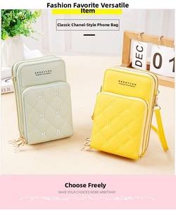 Detailed view of mint green and yellow quilted phone crossbody bags with three zippers
