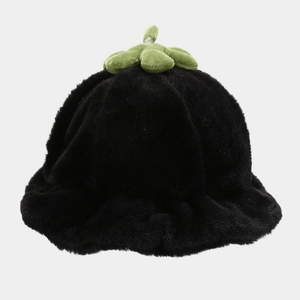 Close-up of a plush black fisherman hat with a green mangosteen fruit stalk design