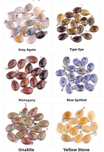 Flat teardrop natural stone pendants in agate, tiger eye and unakite with metal bails