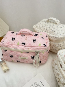 Quilted pink makeup bag with cartoon cat and pear prints and portable handle
