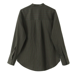 Deep green striped long-sleeve shirt with vertical red lines and back patchwork detail