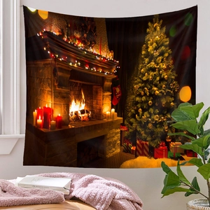 Detail of Christmas tree tapestry showing warm fireplace and holiday gifts on wall