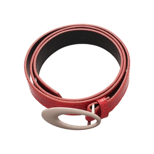 Fashionable red crocodile pattern leather belt with oval matte champagne gold metal buckle