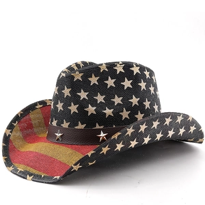 Chapeau De Cowboy Western Drapeau Américain Paille Tissée Motif Étoiles Rayures Chapeau De Soleil À Bord Large