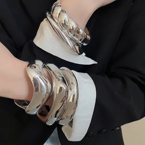Geometric Bangle Bracelet Highly Polished Plastic Silver Mirror Finish Minimalist Irregular Wave Wide Cuff Fashion Jewelry