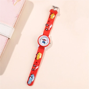 Kids quartz watch with 3D cartoon cars on a red silicone strap and easy-read dial
