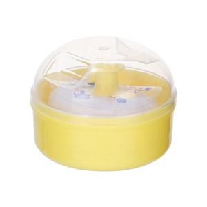Baby powder puff case with yellow plastic base, clear lid and soft plush puff applicator