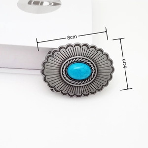Vintage oval zinc alloy belt buckle with turquoise stone inlay, dimensions 8cm x 6cm