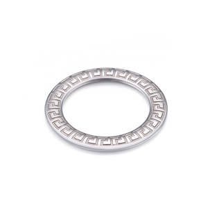 Detailed view of silver titanium steel ring with engraved classic Greek key pattern
