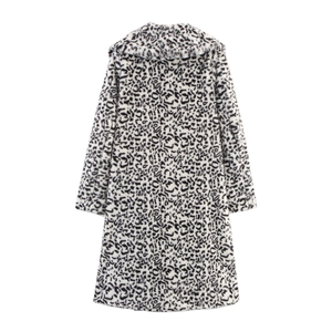 Rear view of a premium black and white leopard print faux fur coat with lapels