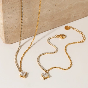 Square Zircon Necklace Bracelet Jewelry Stainless Steel Asymmetrical Tennis Bead Chain Women Minimalist Elegant Gift