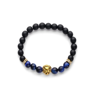 Tiger eye and matte black beaded bracelet featuring a golden lion head charm for men
