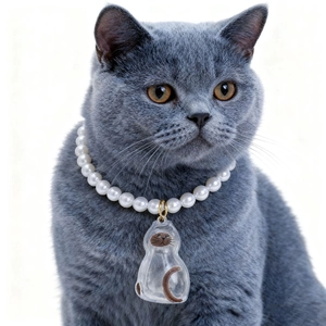 Katzenperlenhalskette mit transparentem Kätzchenanhänger an Britisch Kurzhaar Katze