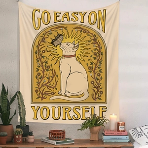 Bohemian cat tapestry with Go Easy On Yourself quote and vintage floral sun design