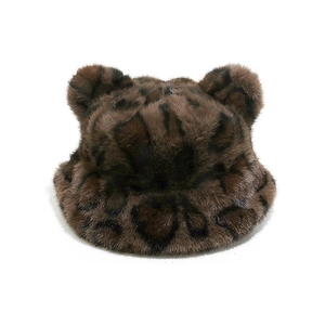 Detail of leopard print faux fur bucket hat with cute bear ears for winter warmth