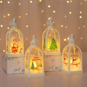 Set of 4 white Christmas LED lanterns with festive Santa, snowman, and reindeer patterns