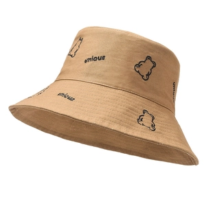 Casual khaki cotton bucket hat with bear embroidery and unique text decoration
