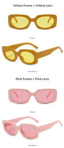 Close-up of retro square sunglasses in candy colors with thick frames and matching lenses