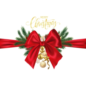 Decorative Christmas bow set with red satin, gold glitter, and green pine needles decoration