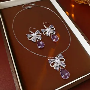 Bowknot Purple Zircon Water Drop Pendant Necklace And Earrings Elegant Vintage Palace Style Copper Jewelry For Women