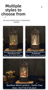 Detail view of vintage Moroccan Christmas lantern with snow globe and bamboo texture base