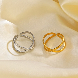 Adjustable 18K gold and silver plated stainless steel X-cross double layer ring set