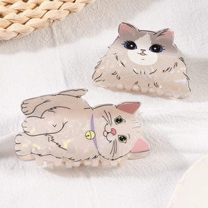 Cute acetate cat-shaped hair claws for women featuring gray and cream cartoon kittens