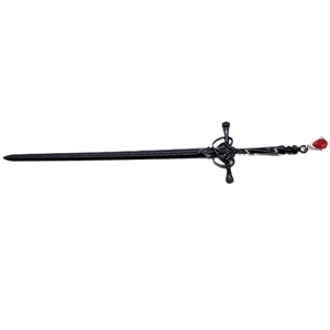 Chinese style sword hair stick with black metal finish and red teardrop gemstone detail