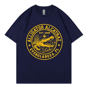 T-shirt en coton bleu marine avec imprimé crocodile jaune et col rond pour homme et femme