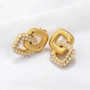 18K gold plated chain link earrings with white pearls on a soft white fabric background
