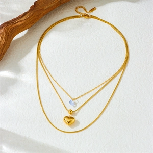 Golden double-layer stainless steel snake chain necklace with a heart pendant