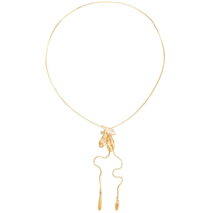 French vintage gold necklace featuring a leaf-shaped pendant with crystals and tassel