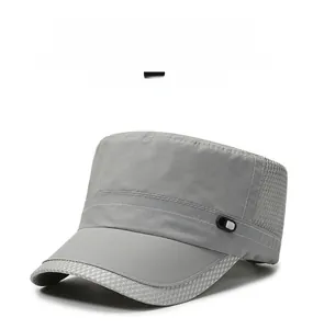 Close-up of light grey flat top cap featuring breathable mesh panels and quick-dry fabric