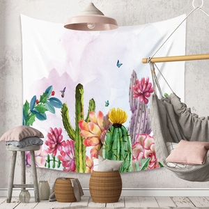 Detail of bohemian tapestry with watercolor cactus, hummingbirds and floral patterns