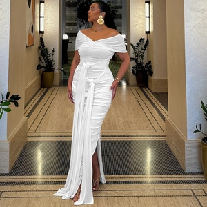 Elegant white off-shoulder long dress with pleated details and stylish flowing ribbon