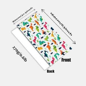 Microfiber towel specs showing 80x160cm size with colorful 3D dinosaur cartoon print