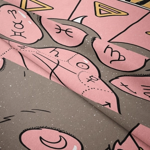 Detail of soft velvet tapestry fabric featuring bohemian astrology and zodiac symbols