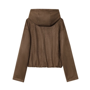 Back view of brown suede hooded bomber jacket with elastic hem and premium texture