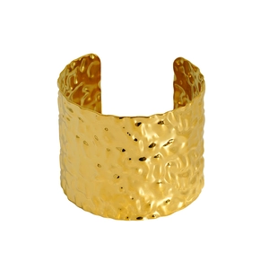 Wide 18k gold plated stainless steel open cuff bracelet with irregular hammered texture