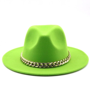 Detail of neon green wool felt jazz hat featuring a thick decorative gold metal chain