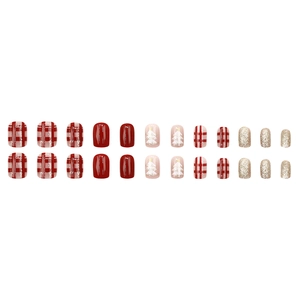 Short square red Christmas checkerboard press-on nails with glitter and tree designs