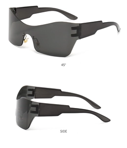 Multi-angle views of black rimless Y2K sunglasses showing 45-degree and side profiles